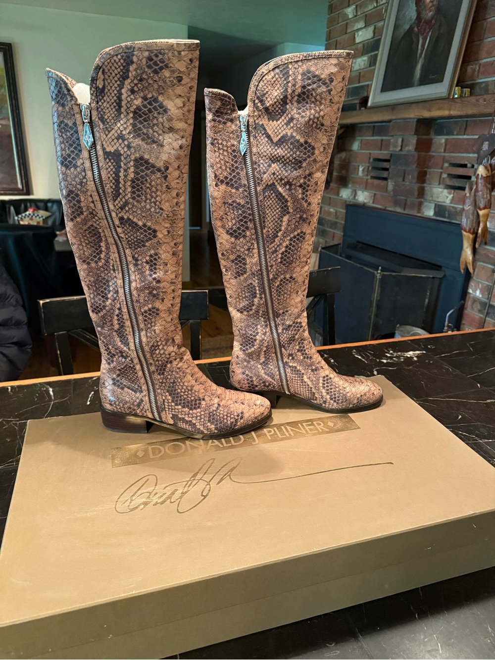 Donald J. Pliner Tan Snake-Print Over-the-Knee Boots